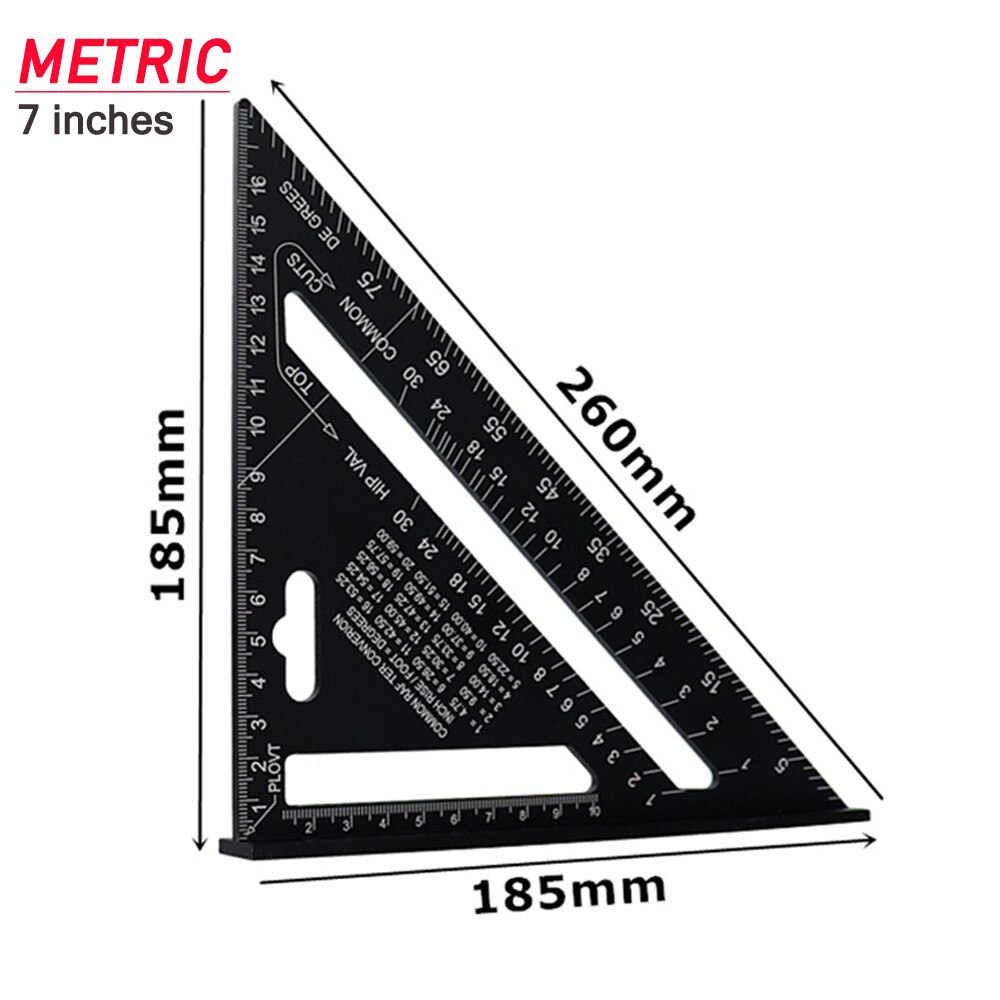 7 Inches Aluminum Alloy Triangle Angle Ruler Protractor Inch/Metric Speed Square Measuring Ruler Miter Framing Building Teaching: 7inch Metric Black