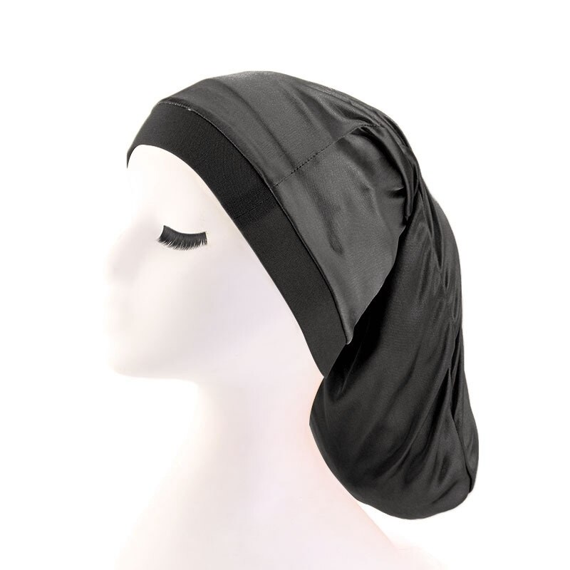 Haarkappen brede elastische band satijnen zakmuts zijdezachte dreadlock vlechten baggy muts mannen vrouwen lange cilinder slaapmutsen: Zwart