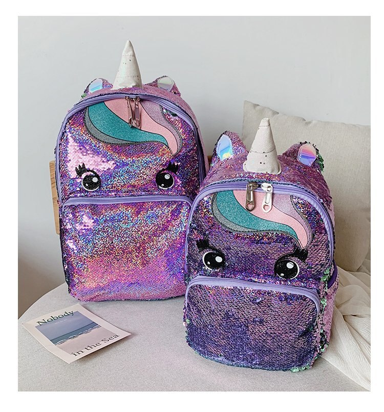 Eenhoorn pailletten schooltas veelkleurige kinderschooltassen voor meisjes rugzak mochila escolar boeken schooltas voor tieners student: Paars l