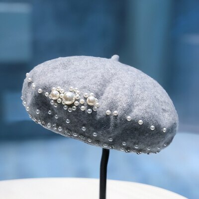Béret noir rétro britannique pour femmes, automne et hiver, couleur pure, chapeau de peintre de perles en laine, chapeau de citrouille japonais à strass: Gray