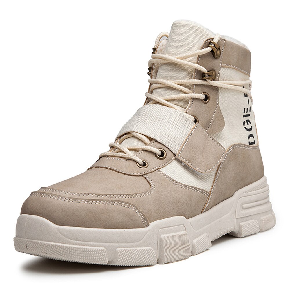 VESONAL hommes toile cuir cheville hiver neige bottes hommes chaussures baskets vintage fourrure en peluche mâle décontracté botte en plein air chaussures: Beige / 40
