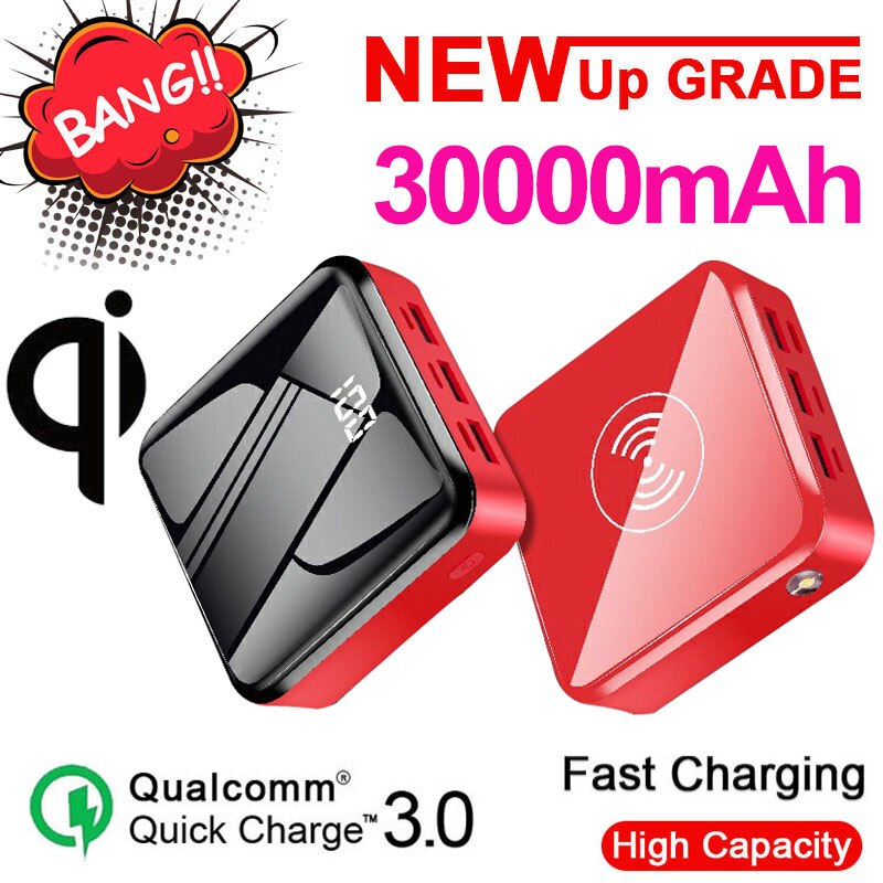 QI senza fili Banca di Potere del Caricatore 30000mAh mini 3 USB digitale Schermo A portato Luci Batteria Esterna Portatile del Caricatore Rapido per iphone