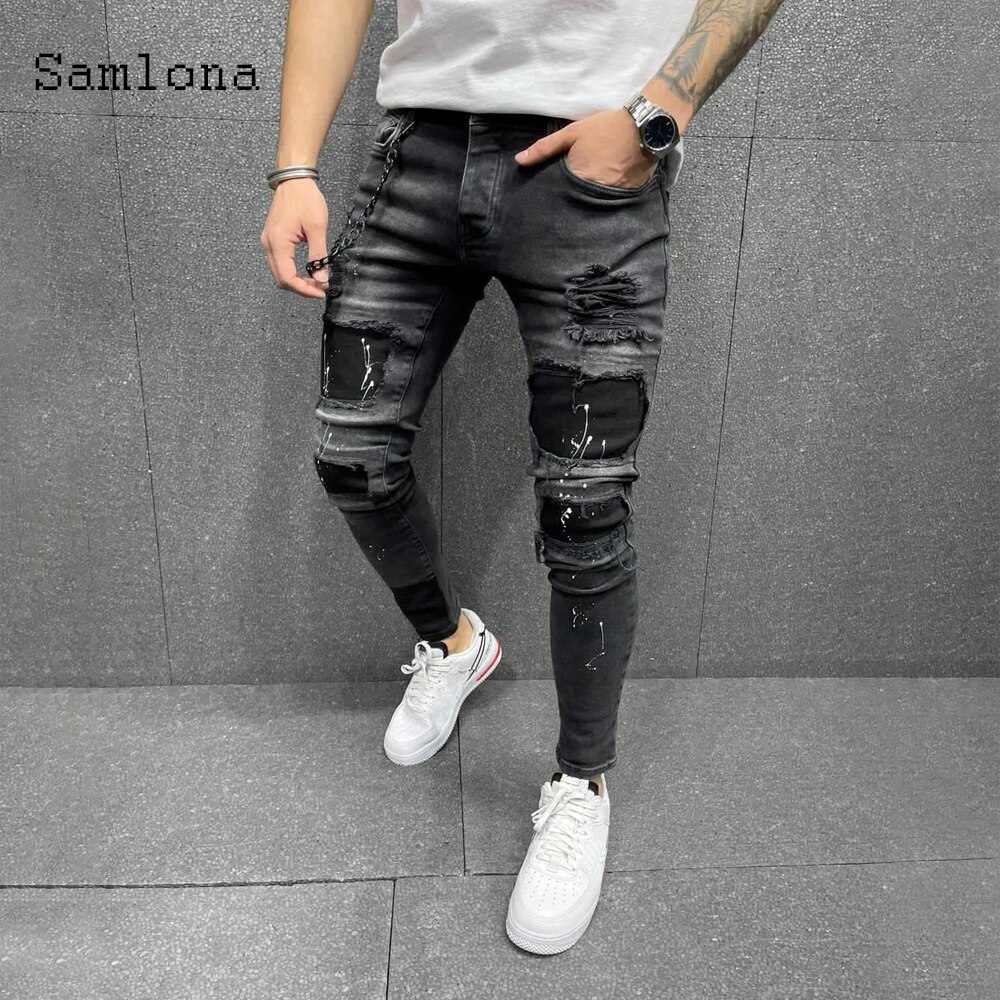 Samlona-pantalones vaqueros rasgados para hombre, estilo occidental, Punk, a la , de retales, pantalón pitillo,