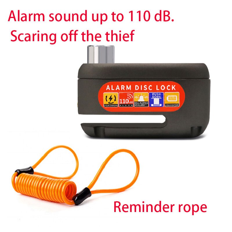 Lock-Motor Anti Theft Security Disc Brake Lock USB Charging Waterproof Alarm Disc Brake Lock 110db Alarm Locks+Reminder Cable