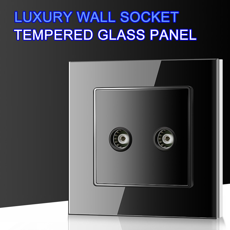 Di lusso doppio antenna TV Presa A Muro Argento placcato il Doppio Coassiale Montaggio A Parete Piastra Frontale di Presa di Uscita di Cristallo Temperato di Vetro