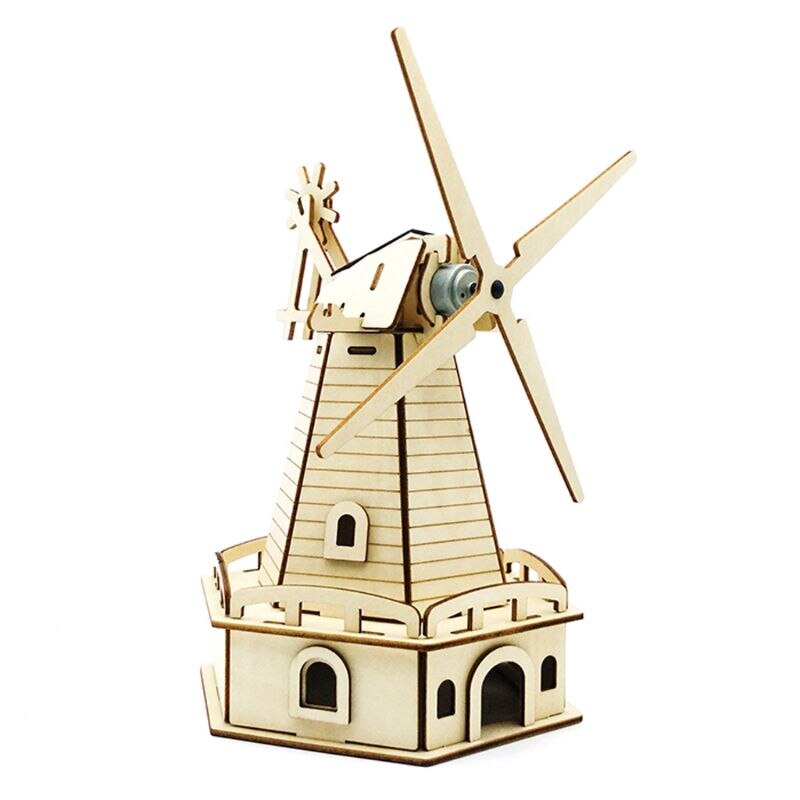 3D Assembled Wooden Puzzle Solar Energy Powered Windmill Jigsaw Model Building Kits for Adults Kids Educational Toy: Default Title