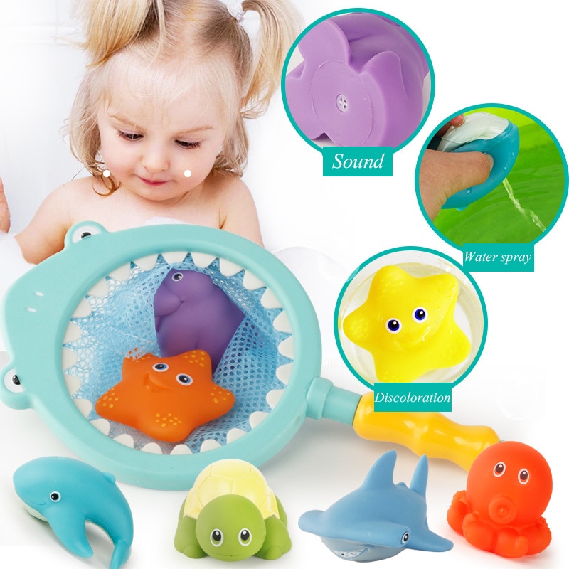 7 Pcs Baby Badkamer Vissen Speelgoed Vinden Water Squeeze Sound Zachte Rubberen Spelen Dieren Bad Verkleuring Grappig Speelgoed Voor Kinderen