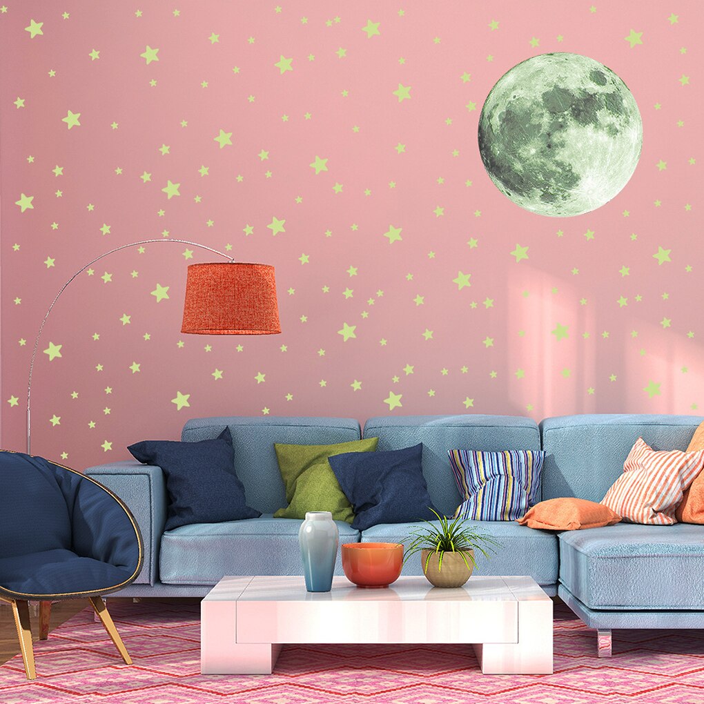 1 Set Stars Moon Wall Sticker Night Glowing Wall Decal Living Room Luminous Adhesive Wallpaper Stickers Home Decoration Supplies