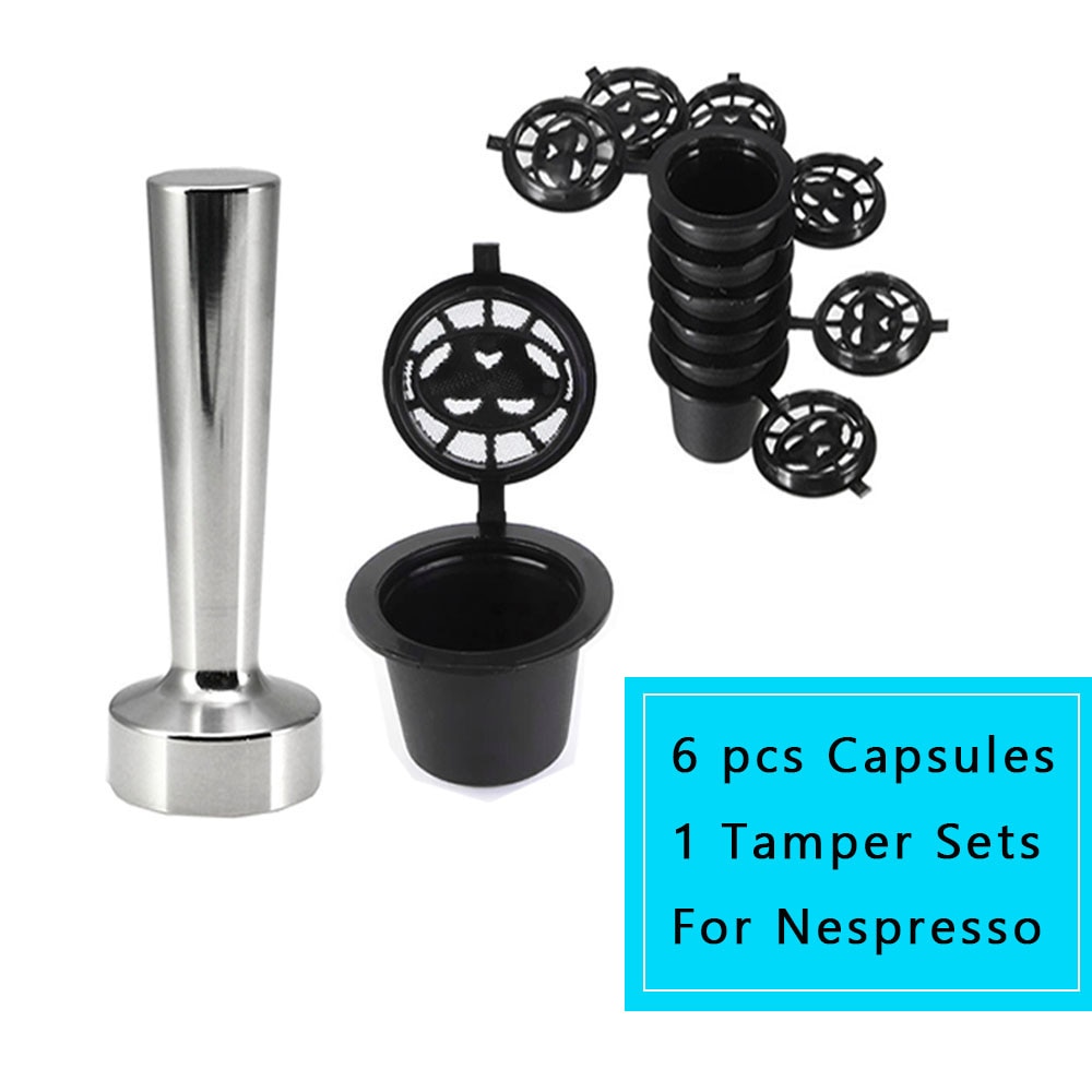 6 Stk/set Herbruikbare Nespresso Capsules Cup Met Lepel Borstel Zwart Navulbare Koffie Capsule Bijvullen Filter Coffeeware