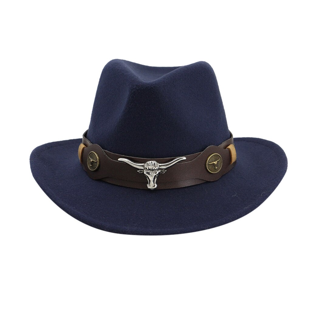 Mode Mannen Vrouwen Western Cowboy Hoed Met Koe Hoofd Band Brede Rand Hoed Pop Jazz Hoed Winter Wol Cap Maat 56-58Cm # T1P: Navy