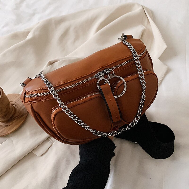 Casual Donne Sacchetto Della Sella Del Sacchetto 2020 Nuove Catene Sacchetto di Spalla della signora A Banda Larga Cross body Bag Femminile Colpo di Strada Marea ragazza Sacchetto Bianco: Brown