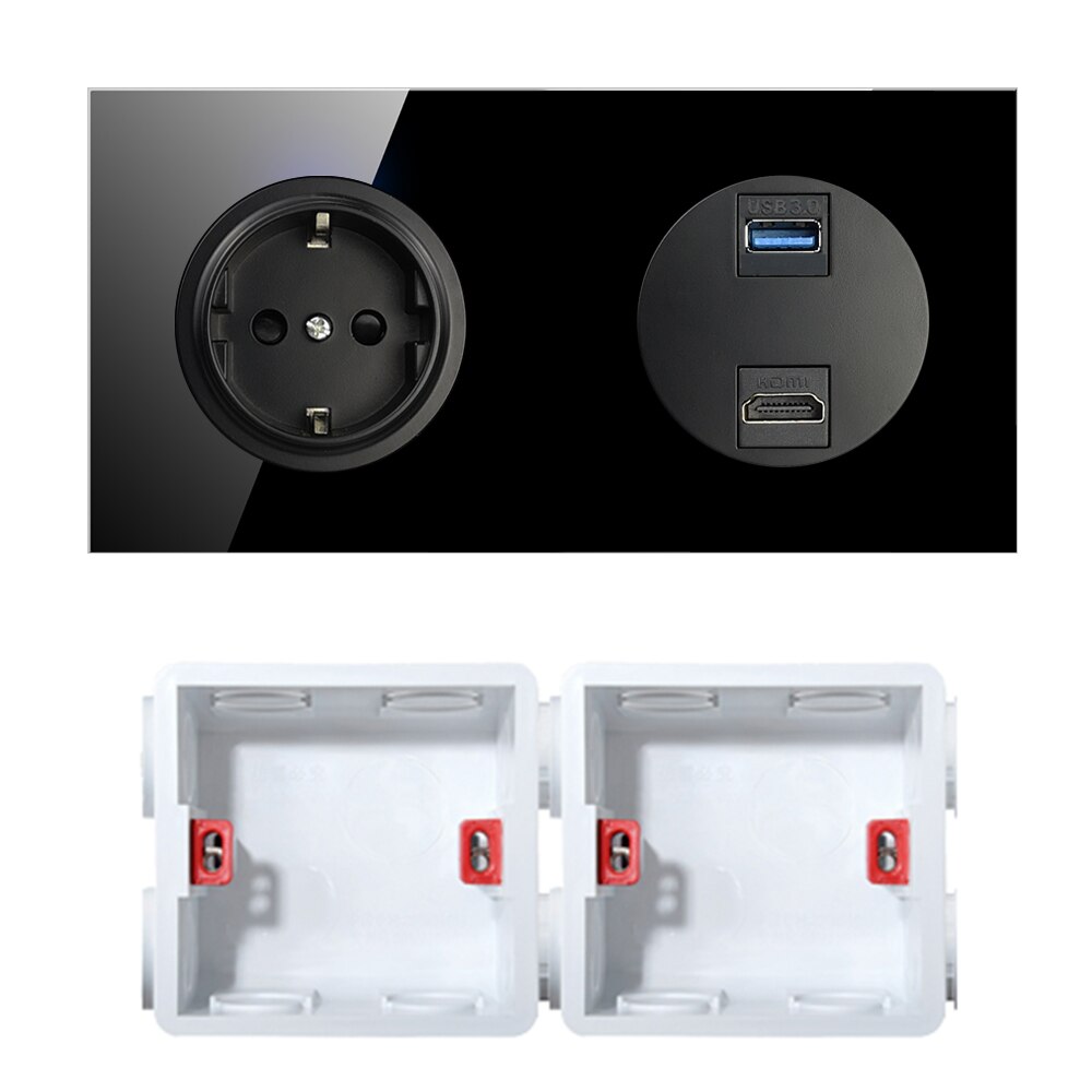 Wallpad French Wall Socket Power Outlet With HDMI USB 3.0 Port Black Crystall Glass L6 Series