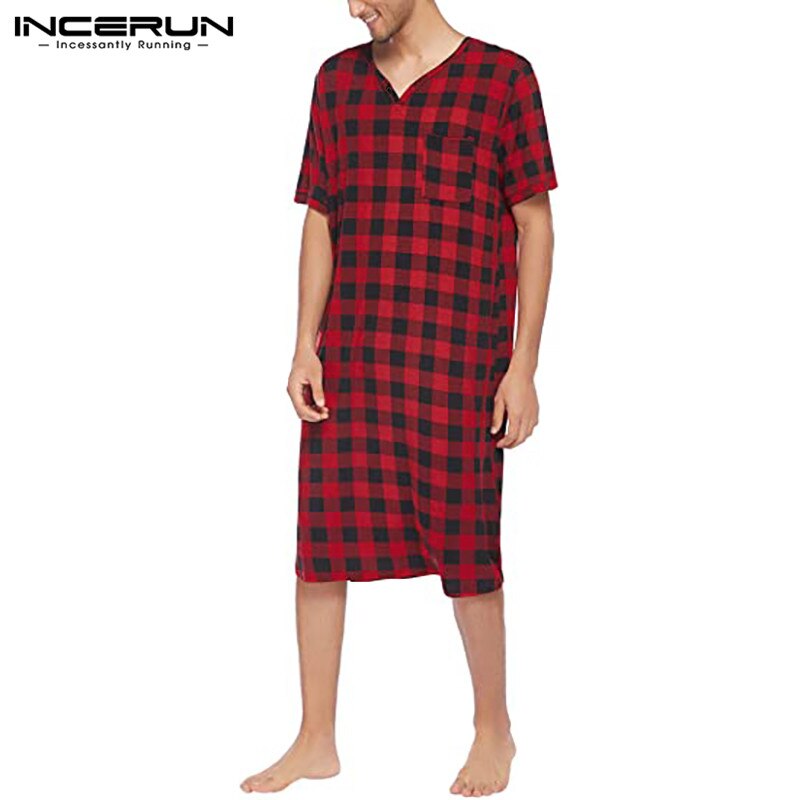 INCERUN Men Plaid Robes Homewear V Neck Short Sleeve Comfortable Leisure Nightgown Summer Soft Sleepwear Men Bathrobes S-5XL 7