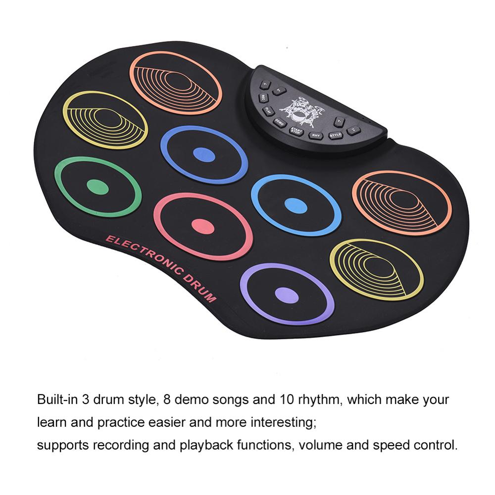 Compact Size Roll-Up Drum Set Electronic Drum Kit 9 Silicon Drum Pads USB/Battery Powered with Drumsticks Foot Pedals Great Holi