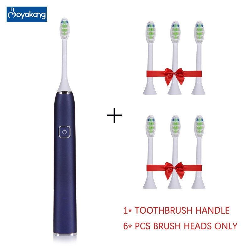 Boyankang Sonic Rechargeable Electric Toothbrush IPX7 Waterproof Inductive Charging 6 Replaceable Heads Dupont Bristles BYK33: Dark Blue