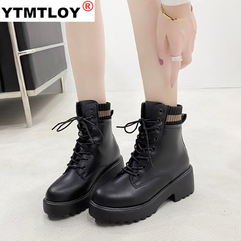 Novo preto branco chelsea botas femininas de couro de fundo grosso botas femininas plataforma dedo do pé redondo quente motocicleta ankle boots para mulher