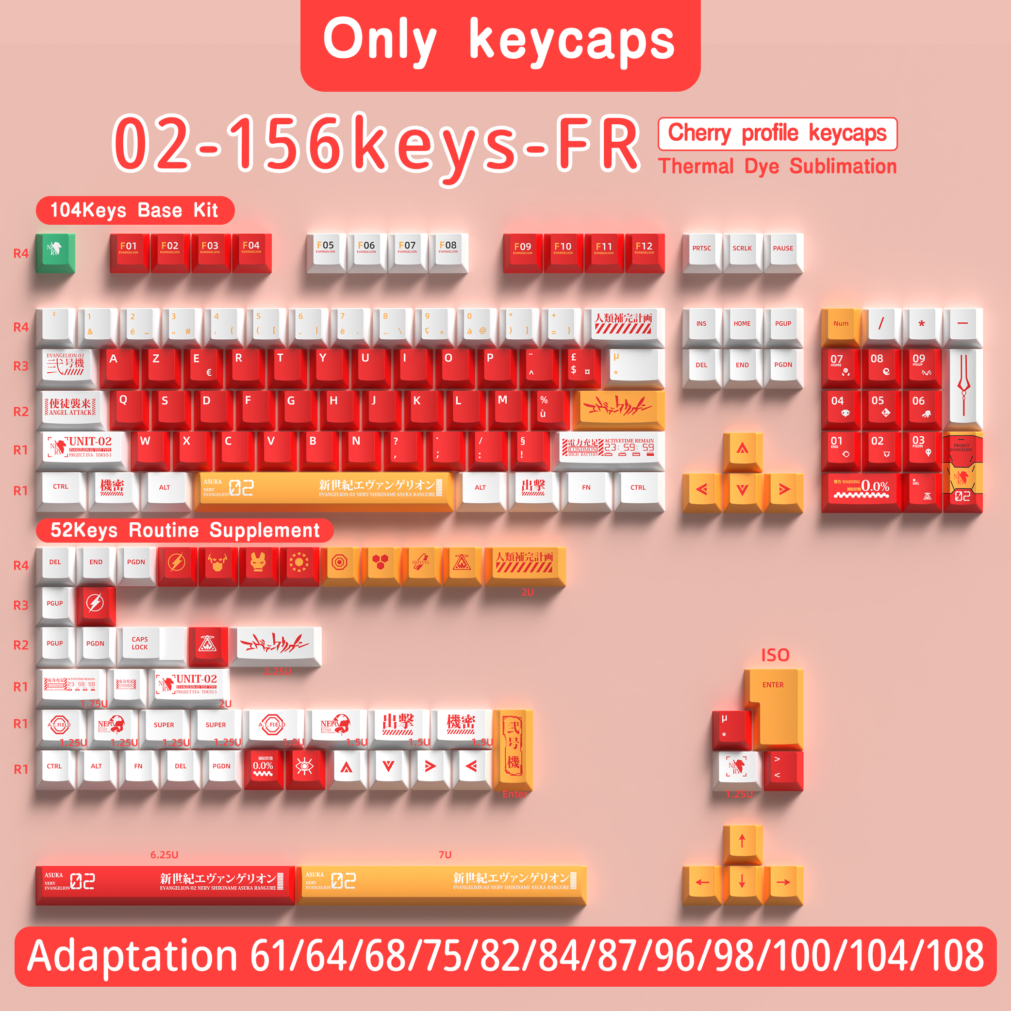 Französische Tastenkappe 136–156 Tasten BPT Kirsche Profil FR Tastenkappen für französische Tastatur MX mechanische Tastatur 7U Platz Schlüssel Hallo75: Rosa