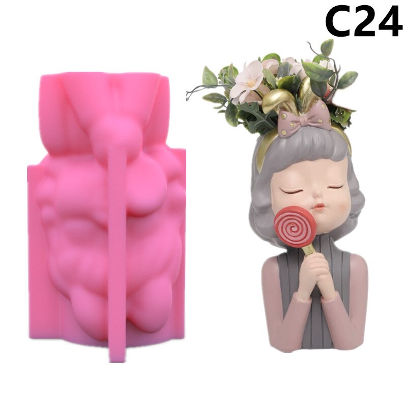 Sweet Girls Clay Flowerpot Silicone Mold Art Sculpture Flower Pot Concrete Cement Resin Molds Pen Storage Box Making Mould: C24