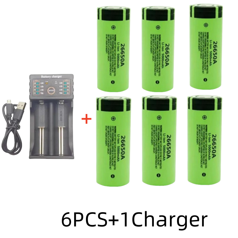 Original hochwertiger 26650-Akku 5000 mAh 3,7 V 50 A Lithium-Ionen-Akku für 26650 A LED-Taschenlampe + Ladegerät: Schokolade