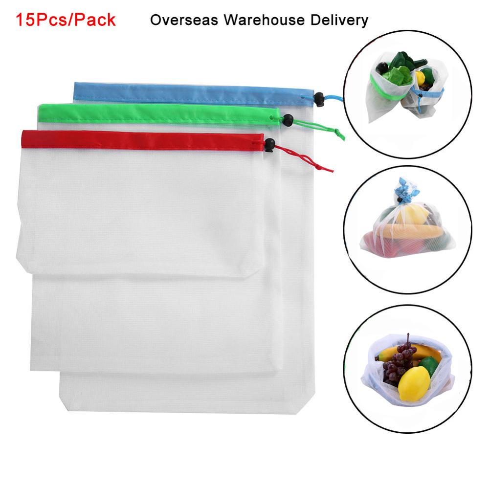 15pcs 3 Sized Reusable Fruit Vegetable Bags Net Bag Produce Washable Mesh Bags Kitchen Storage Bags Toys Sundries