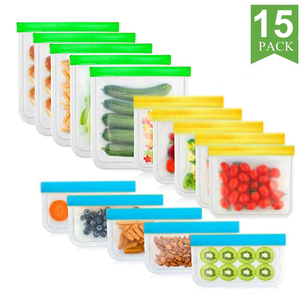 BEEMAN 15pcs Silicone Food Bag Frosted PEVA Reusable Food Storage Bag Top Leak-Proof Food Freezer Bag Kitchen Fresh-Keeping Bag: 15 pieces