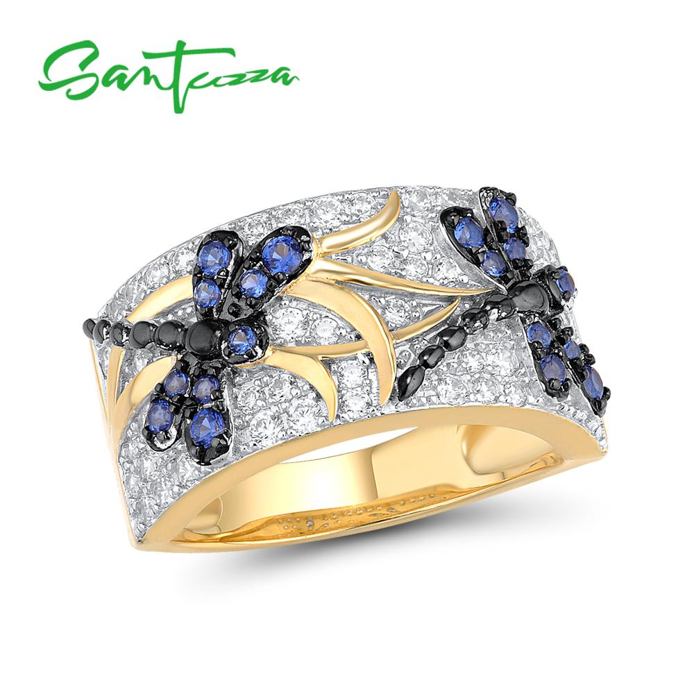 Santuzza sølvringe til kvinde mousserende blå spineller hvid cubic zirconia ægte 925 sterling sølv ring fine smykker