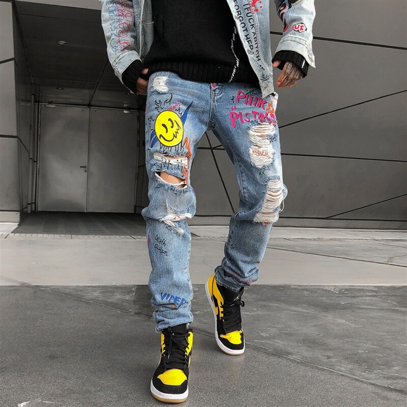 Jean déchiré de rue pour hommes, jean de clochard imprimé Graffiti, Hip Hop, trous au genou, pantalon en Denim, ample, en coton, décontracté