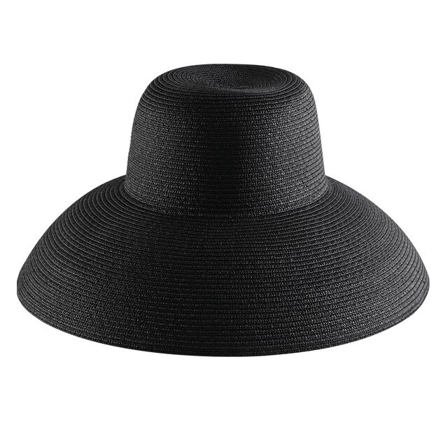 Hepburn Zomer Zonnehoed Dames Solid Plain Elegante Brede Rand Hoed Ronde Top Uv Bescherming Floppy Stro Strand Hoed Panama chapeau: Black