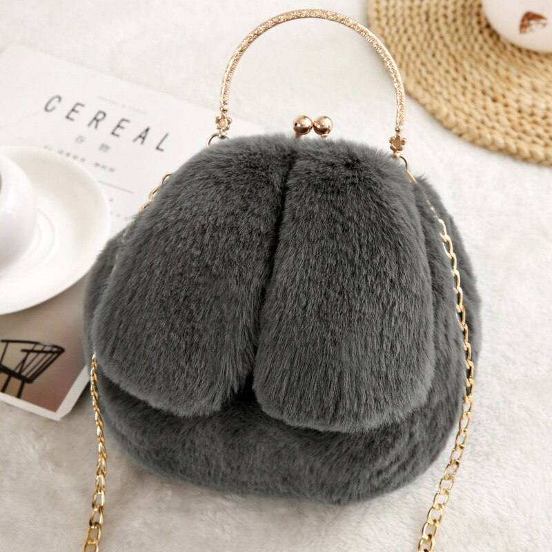 Faux Fur Rabbit Ears Plush Kawaii Round Bag Shoulder Crossbody Bags Women Chain Messenger bag Ladies Solid Furry Handbag