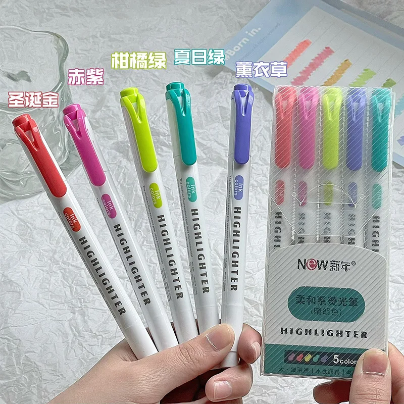 5 culori/cutie evidențiator cu două capete, markere fluorescente pentru desen, pixuri evidențiatoare, artă japoneză drăguță, stilou pastel, papetărie: Galben