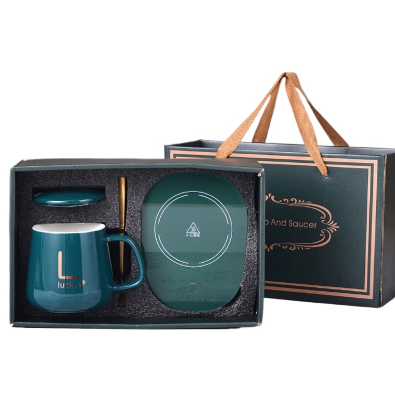 Ceramic Thermostatic Cup with Spoon with Lid Portable Box Set Coffee Cup Mug School Office Convenient and Practical: Burgundy