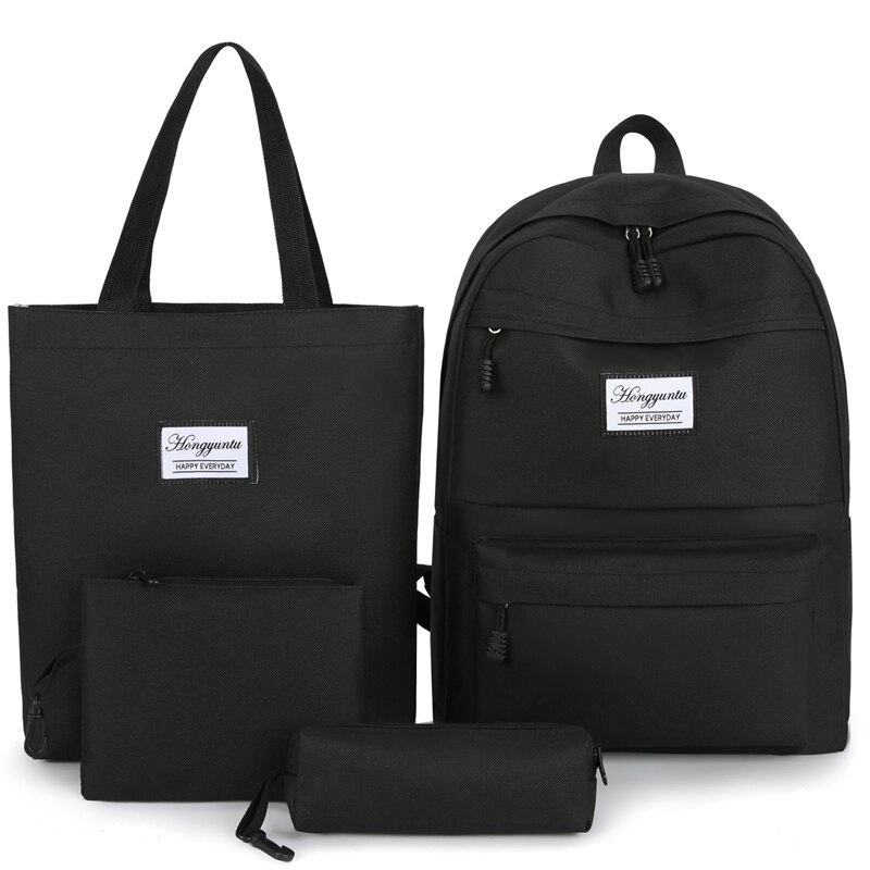 Conjunto de Mochilas de Lona de Color Sólido para Mujer o Chica Joven, Bolsos Grandes, para Colegio o Viaje, Ideales para Adolescente, 4 Unidades: Black