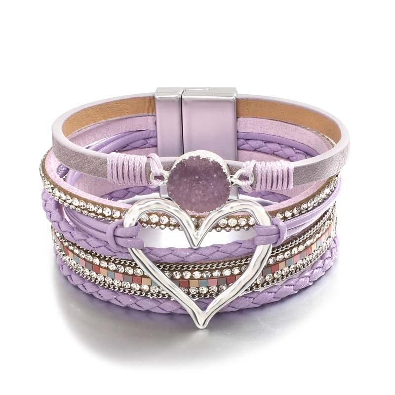 Amorcome-pulsera de cuero trenzado para mujer, brazalete con varias capas de piedras de resina, corazón hueco,: Purple