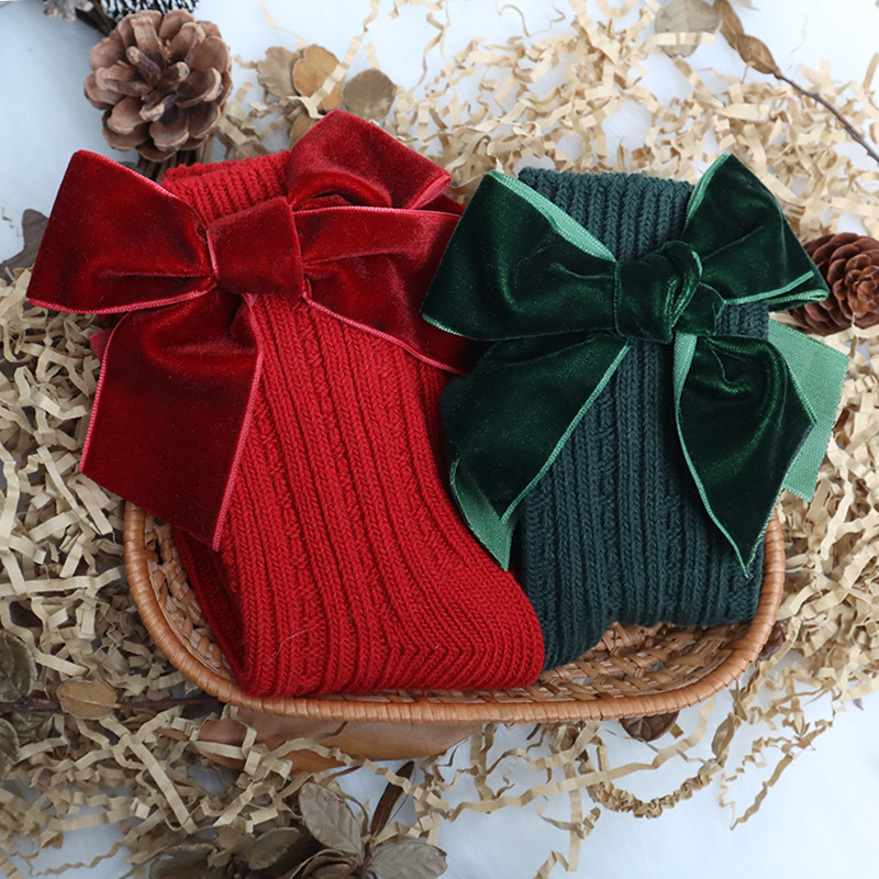 Calzini natalizi per bambina calzini per bambini in cotone con fiocco grande calzino alto scaldamuscoli in lana solida calzini lunghi morbidi per bambini