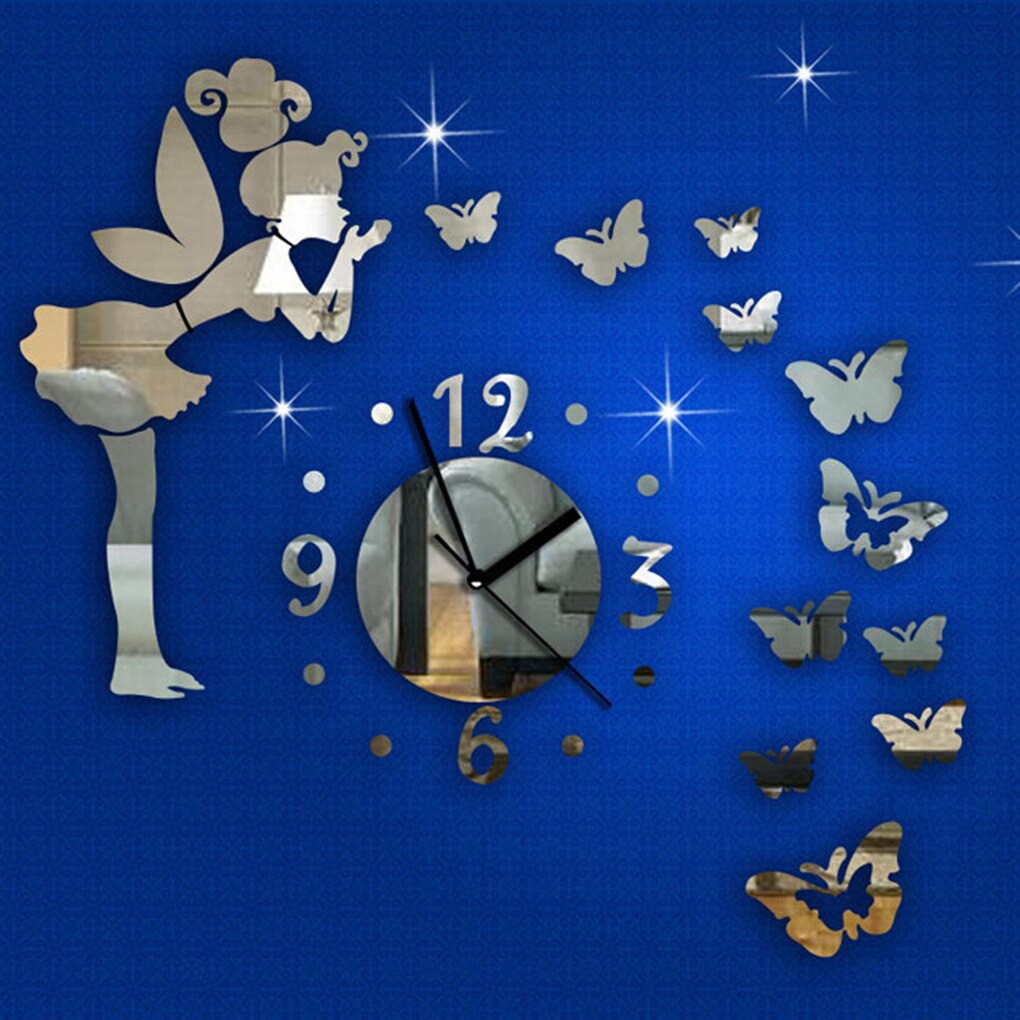 Autocollants muraux fille féerique papillon 3D, horloge murale miroir, décoration de bureau et de maison, DIY bricolage