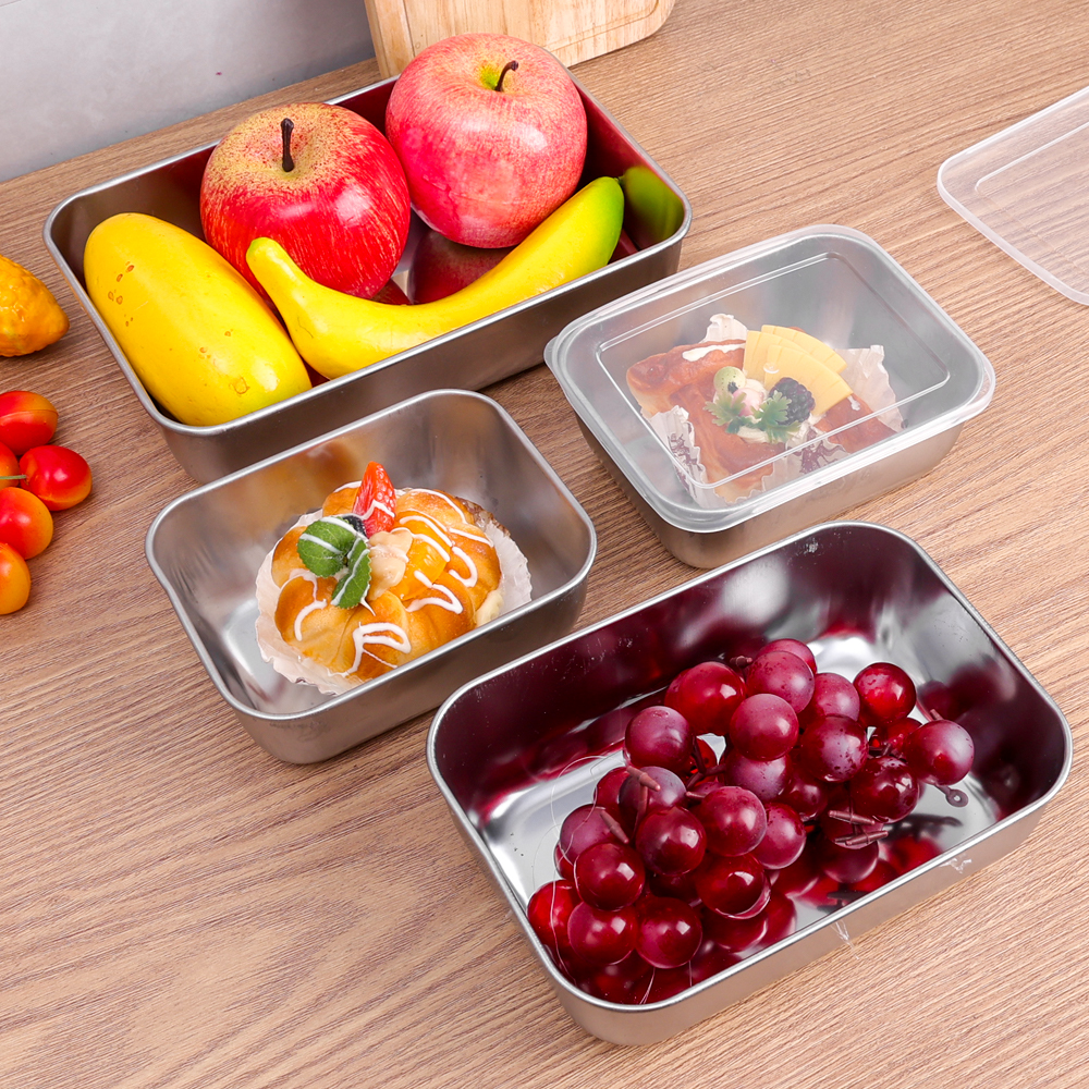 Caja de almacenamiento de alimentos de acero inoxidable, caja de mantenimiento fresco, tapa rectangular, fideos de salchicha, plato de fruta con tapa, contenedor de almacenamiento de alimentos