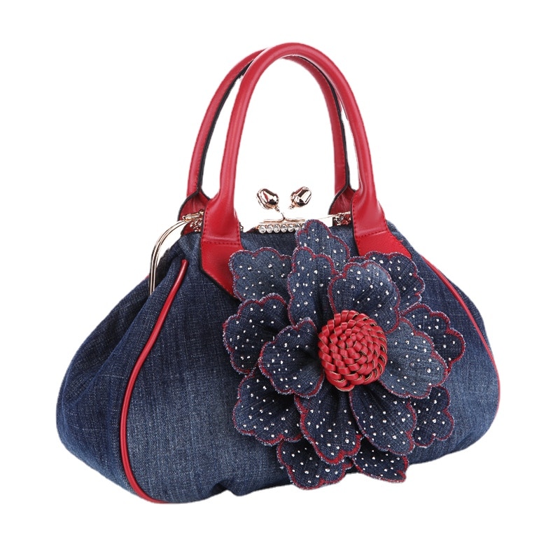 Mode Vrouwen Vintage Rozen Bloemen Schoudertas Vrouwelijke Toevallige Handtas Meisje Denim Messenger Bags Luxe Handtassen