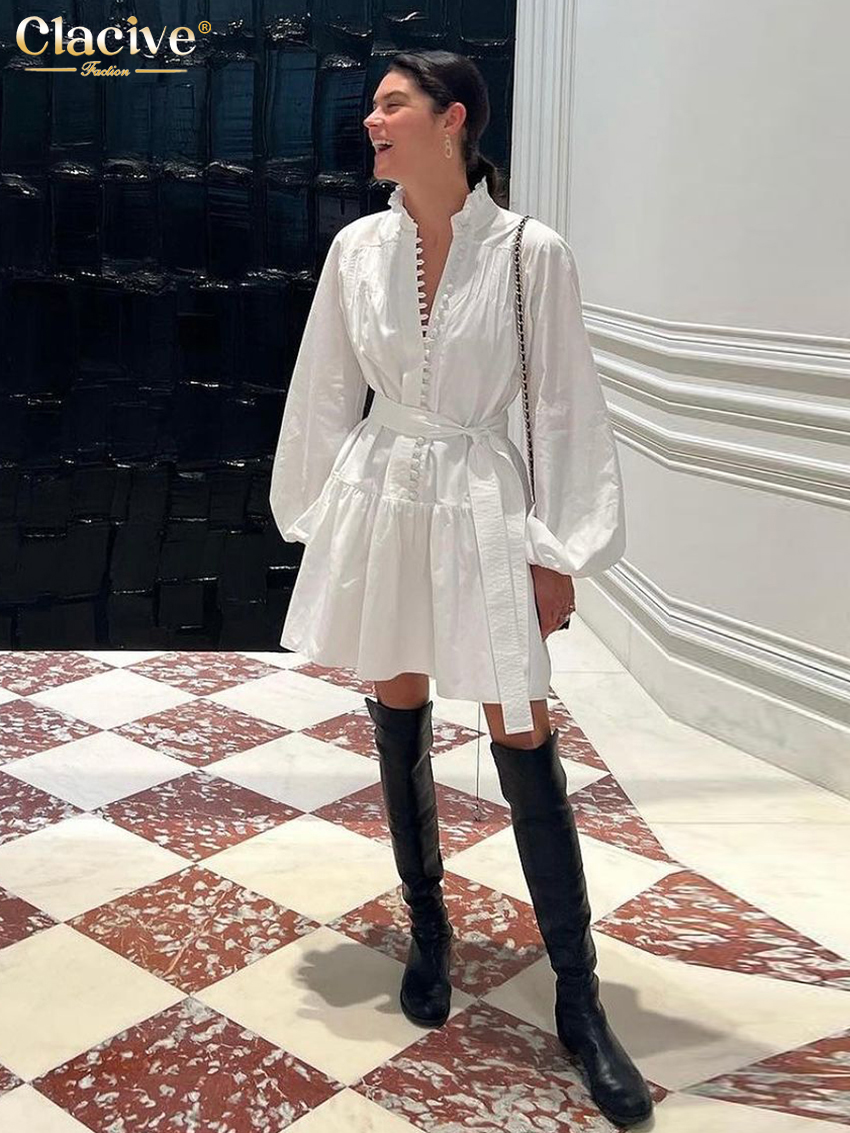Clacive lose weiße Baumwolle Kleid lässig Stehkragen Puff ärmel Mini kleid elegante Schnür Falten kleider für Frauen