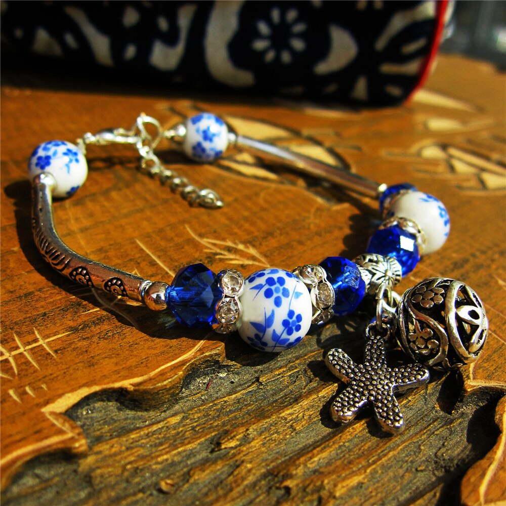 National Style Beaded Bracelets Handmade Blue And White Porcelain Ceramic Bracelet Jewelry