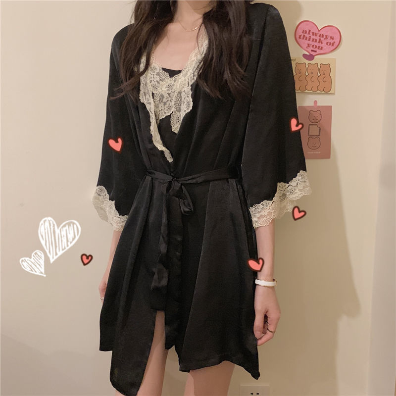 Women Robe Sets Lace V-neck Sexy Mini Length Casual Half Sleeve Robes Spaghetti Strap Gowns Autumn Sleepwear Home Lounge Suits