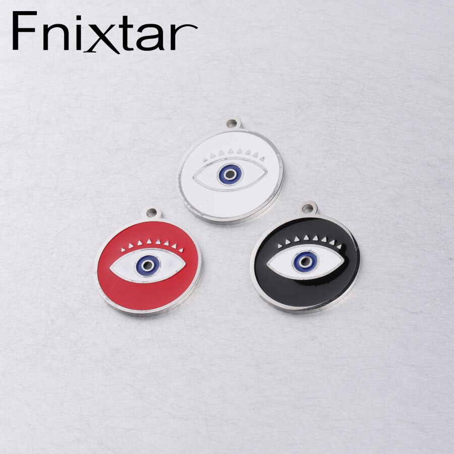Fnixtar Enamel Round Evil Eye Charm Mirror Polished Stainless Steel Turkey Eye Charms For Jewelry Making 10pcs/lot