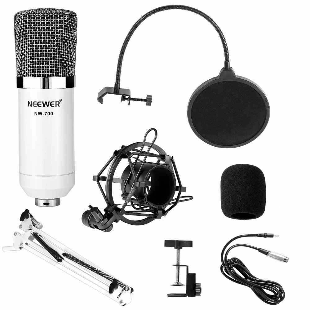 Neewer NW-700 Kit de micro, comprend: (1) Microphone à condensateur + (1) pied de Microphone + (1) filtre anti-Pop + (1) support anti-choc blanc