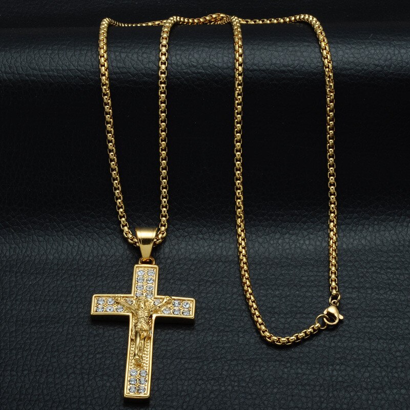Guldfarve cross christ jesus vedhæng halskæde rustfrit stål link kæde indlæg cross halskæde hip hop smykker: Default Title