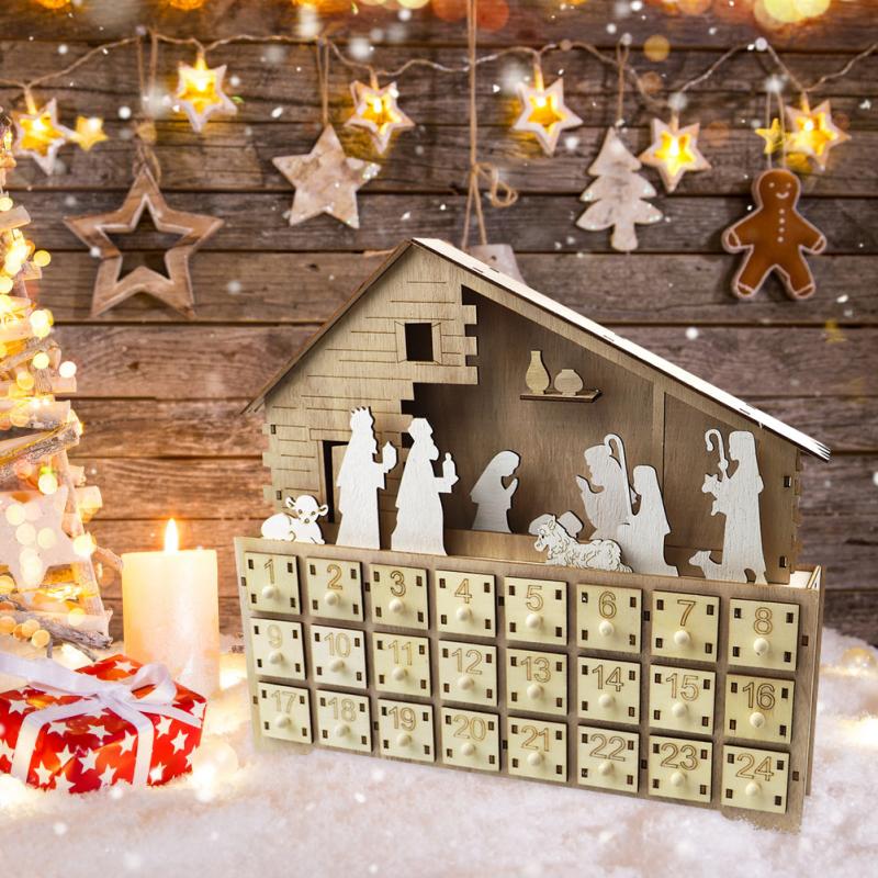 Wooden Countdown Christmas Led Light Calendar Box Cabinet Nativity Manger Home Decoration Accessories