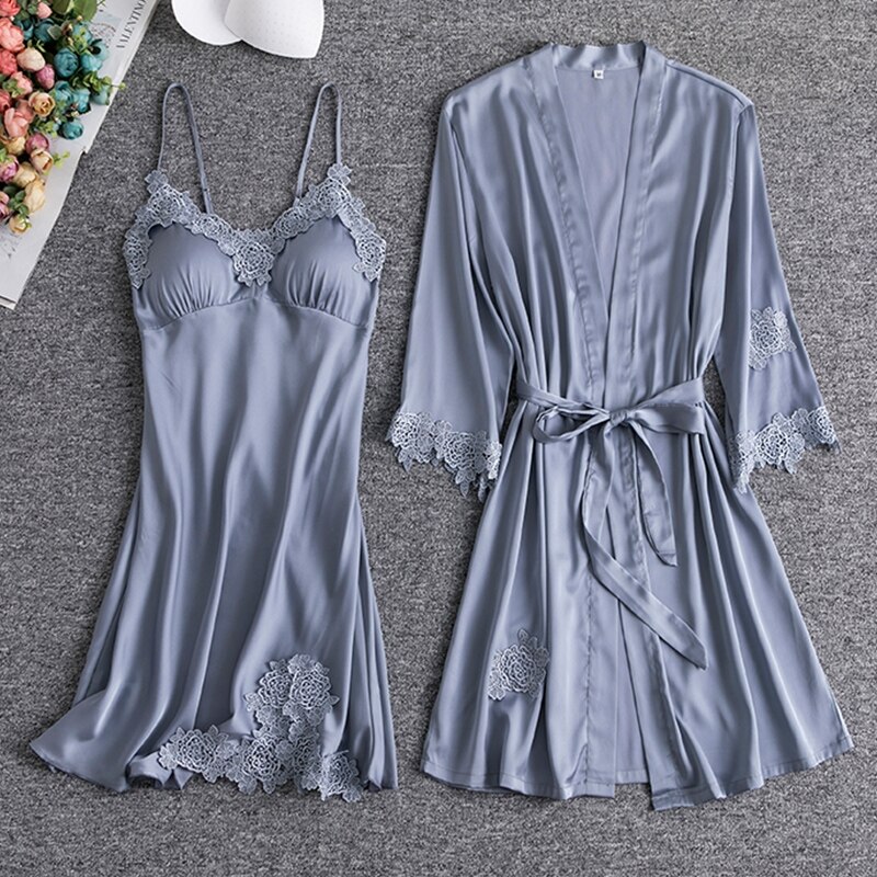 Pink Silk Rayon Nighty&amp;Robe Set Nightgown Sexy Lace Wedding Robe Sleepwear Spring Summer Kimono Bathrobe Gown Loose Home Dress: Gray Robe Set B / M