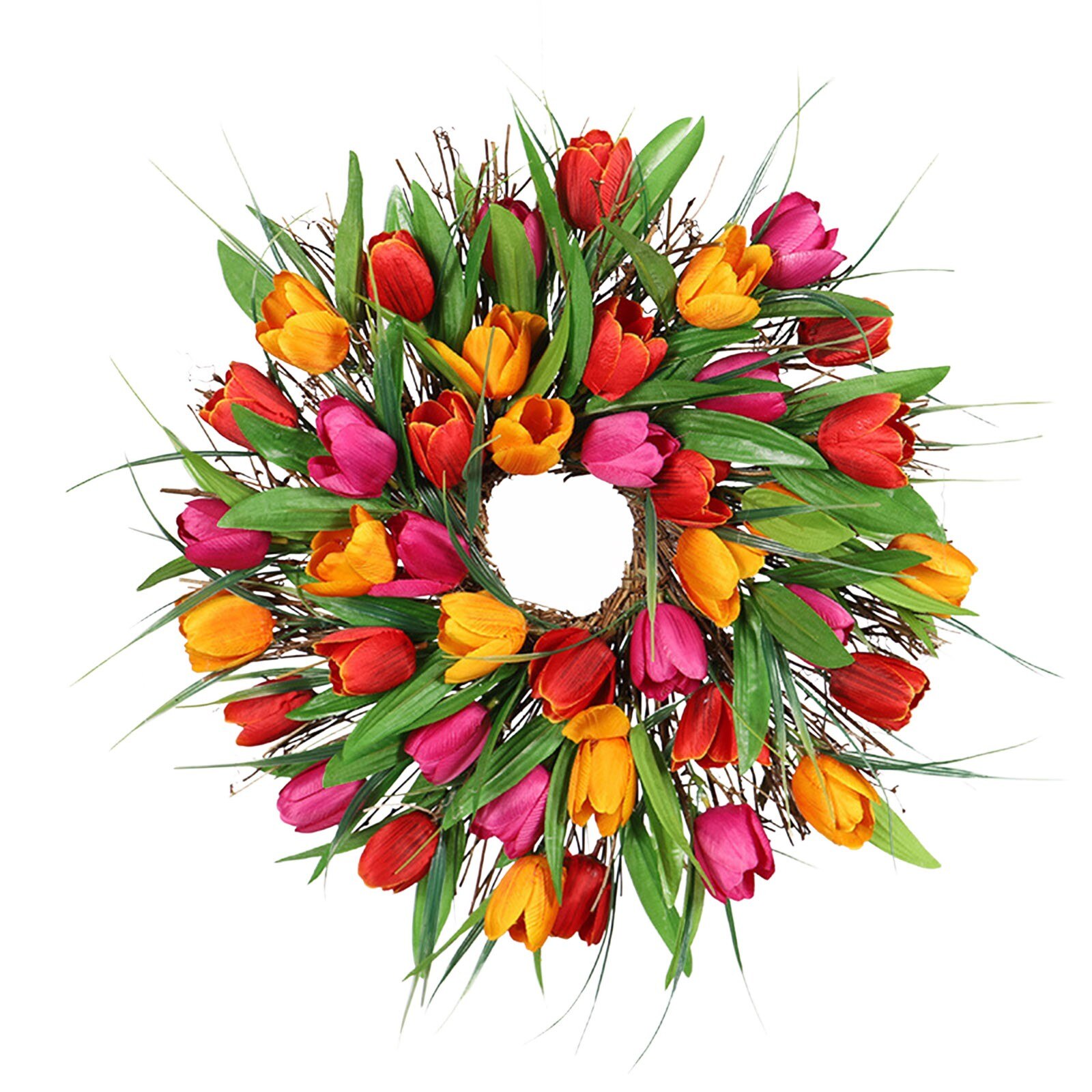 17 Inch Simulation Tulip Wreath Long Leaf Garland Wall Hanging Door Home Decoration Garland Wreaths Door Hanging Accessories: Multicolor  B