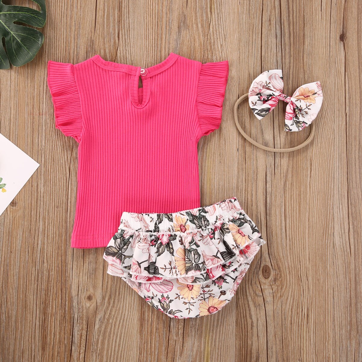Enfant en bas âge bébé filles vêtements col rond coton à manches courtes T-shirt imprimé fleuri pantalon bandeau 3 pièces ensemble de tenue été
