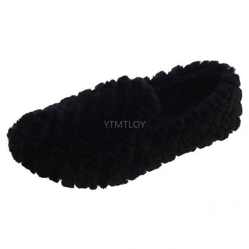 Sans lacet chaussures plates femme chaussures plates en peluche hiver chaussures grande taille femmes chaussures mocassins couleur unie confortable dames chaussures: Black / 37