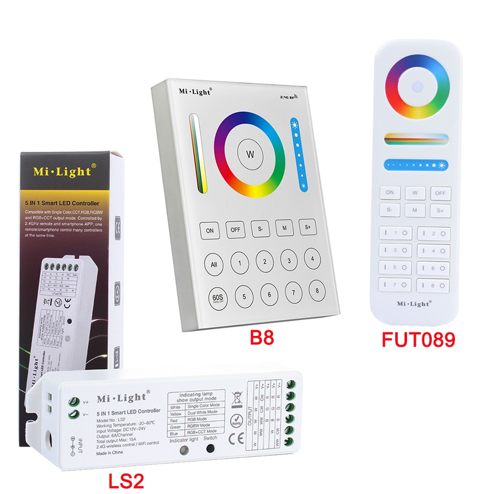MiLight 2.4G sans fil 8 zones FUT089 à distance; B8 écran tactile mural; LS2 5IN 1 led de contrôle intelligent pour RGBW RGB + CCT bande led