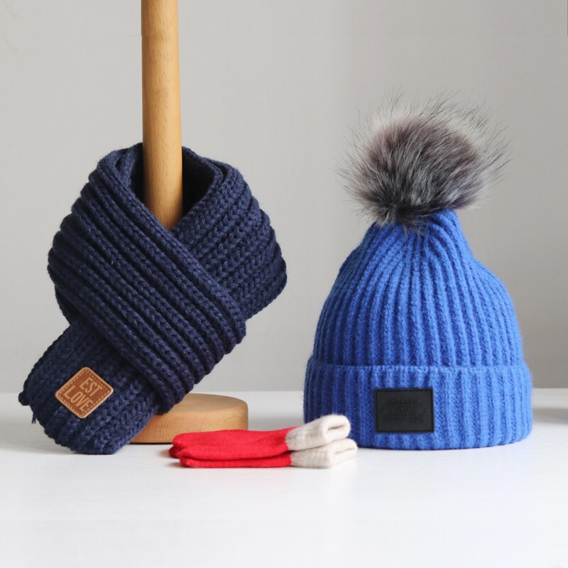 Baby lue høst vinter barn lue skjerf gutter og jenter hodehette skjerf baby ull lue trend hanske 3- deler dresser: Dypblå marineblå / 4-12 år gammel